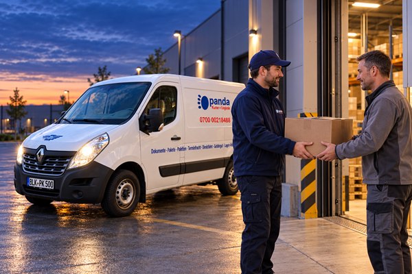 OverNight Express – panda Transporter bei der Paketübergabe in der Dämmerung